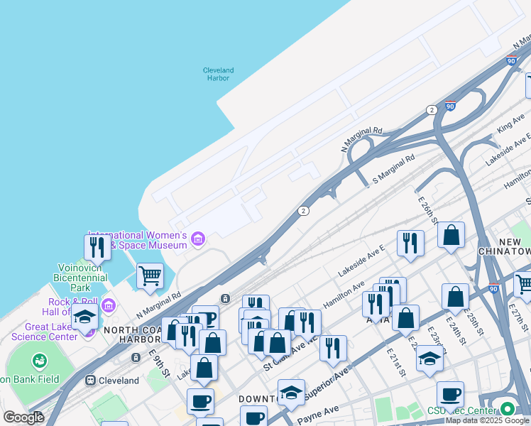 map of restaurants, bars, coffee shops, grocery stores, and more near 1601 North Marginal Road in Cleveland