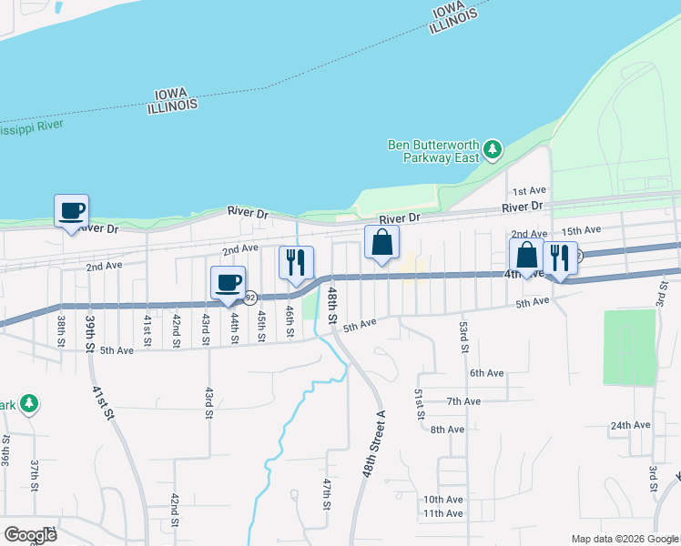 map of restaurants, bars, coffee shops, grocery stores, and more near 416 48th St in Moline