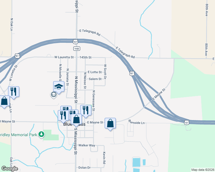 map of restaurants, bars, coffee shops, grocery stores, and more near 531 West Scott Drive in Blue Grass