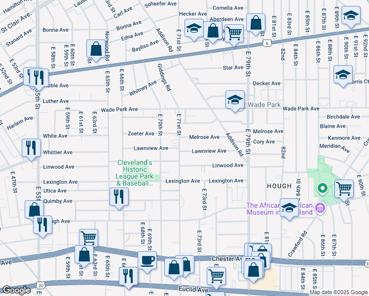 map of restaurants, bars, coffee shops, grocery stores, and more near 7113 Linwood Avenue in Cleveland