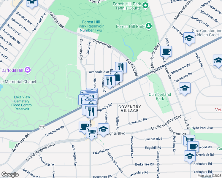 map of restaurants, bars, coffee shops, grocery stores, and more near in Cleveland Heights