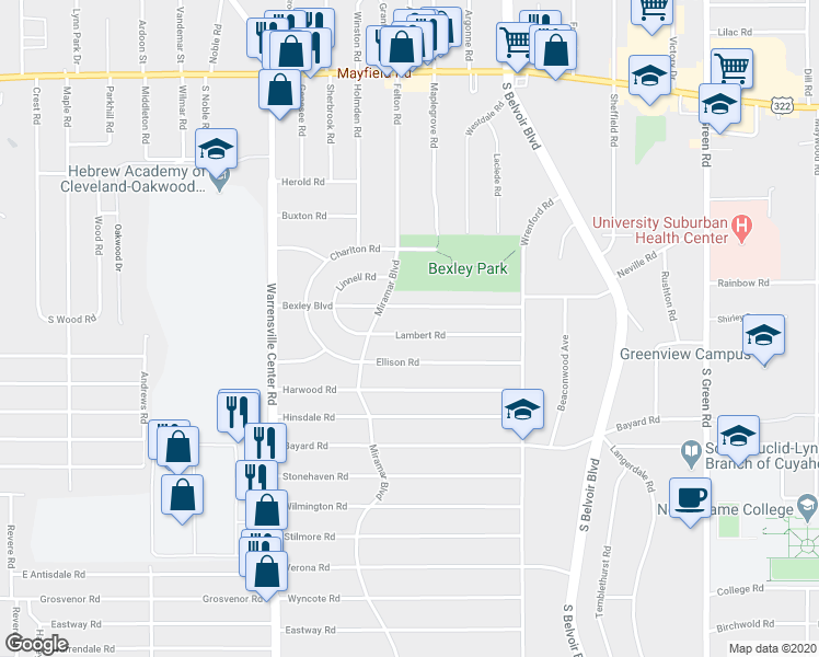 map of restaurants, bars, coffee shops, grocery stores, and more near 4137 Lambert Road in South Euclid