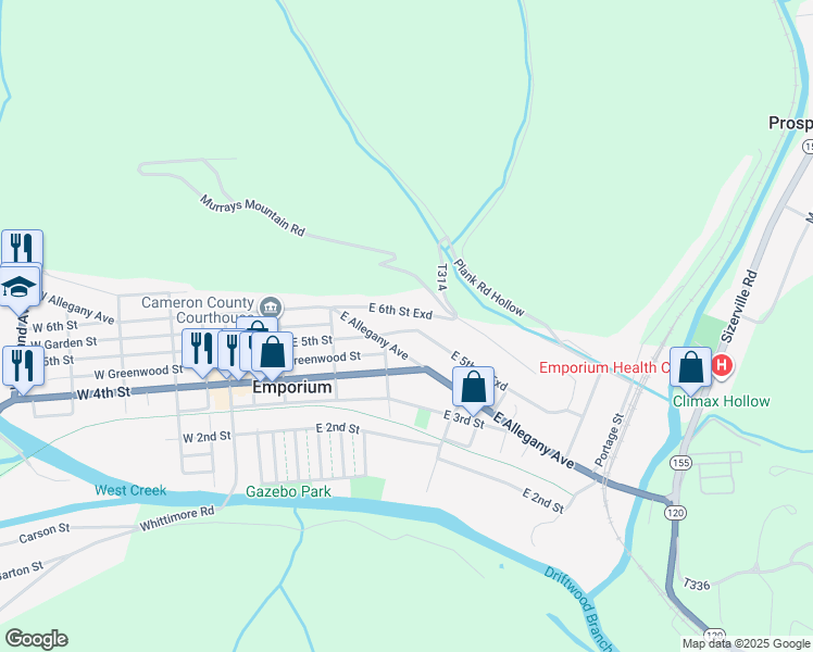 map of restaurants, bars, coffee shops, grocery stores, and more near 109 Blurr Lane in Emporium