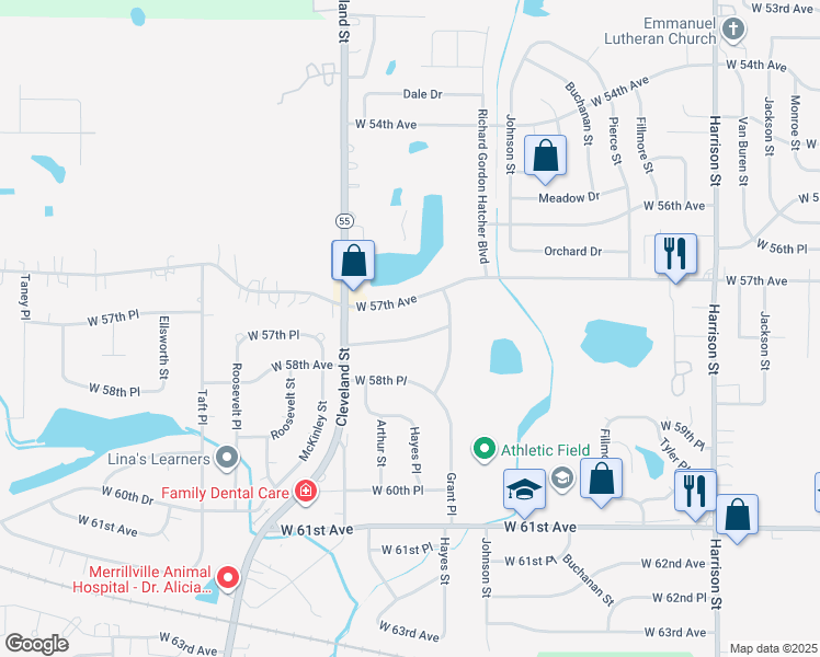 map of restaurants, bars, coffee shops, grocery stores, and more near 1711 W 57th Ave in Merrillville