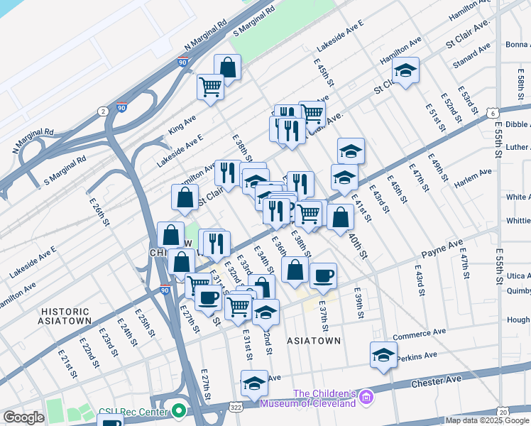 map of restaurants, bars, coffee shops, grocery stores, and more near 1415 East 36th Street in Cleveland