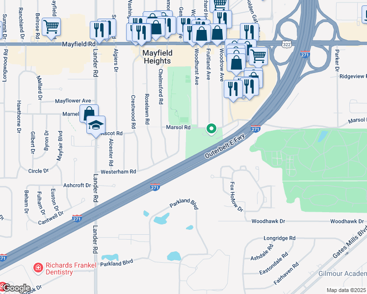 map of restaurants, bars, coffee shops, grocery stores, and more near 1708 Sunningdale Road in Mayfield Heights