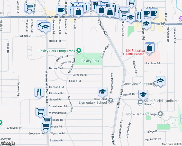 map of restaurants, bars, coffee shops, grocery stores, and more near 4221 Bexley Boulevard in South Euclid