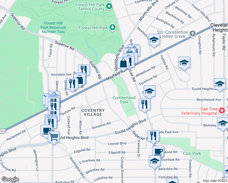 map of restaurants, bars, coffee shops, grocery stores, and more near 1702 Preyer Avenue in Cleveland Heights