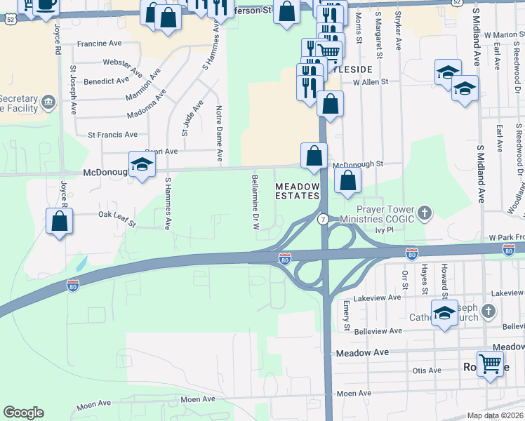 map of restaurants, bars, coffee shops, grocery stores, and more near 413 Bellarmine Drive East in Joliet