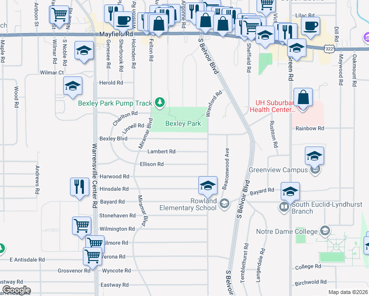 map of restaurants, bars, coffee shops, grocery stores, and more near 4221 Bexley Boulevard in South Euclid