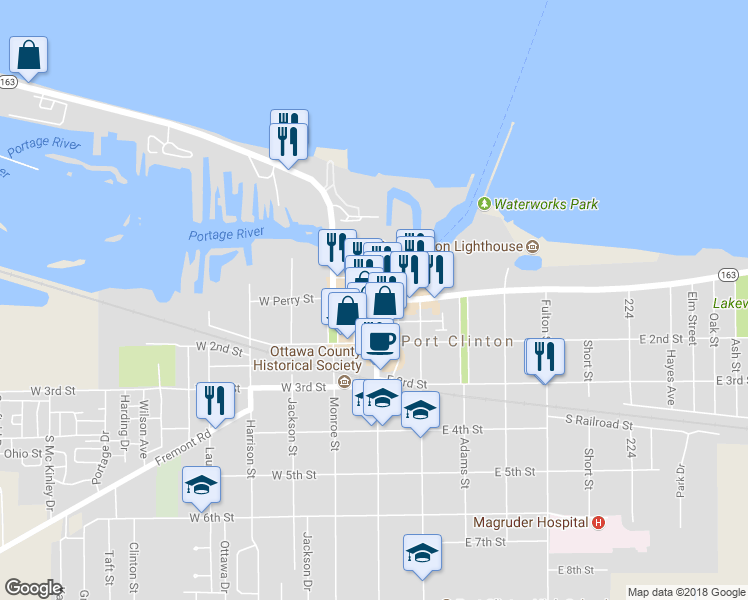 map of restaurants, bars, coffee shops, grocery stores, and more near 83 East Perry Street in Port Clinton