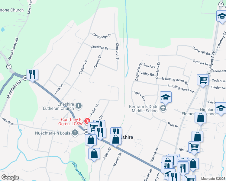 map of restaurants, bars, coffee shops, grocery stores, and more near 400 Robin Court in Cheshire
