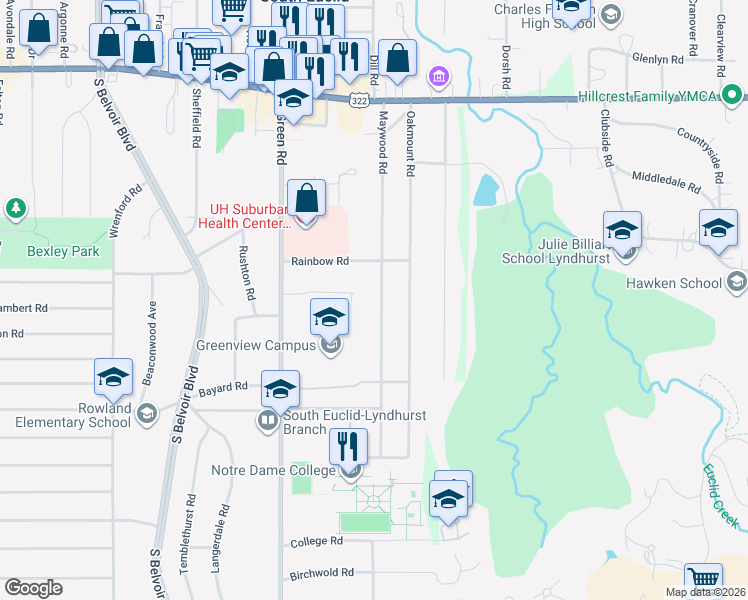 map of restaurants, bars, coffee shops, grocery stores, and more near 4545 Shirley Drive in South Euclid