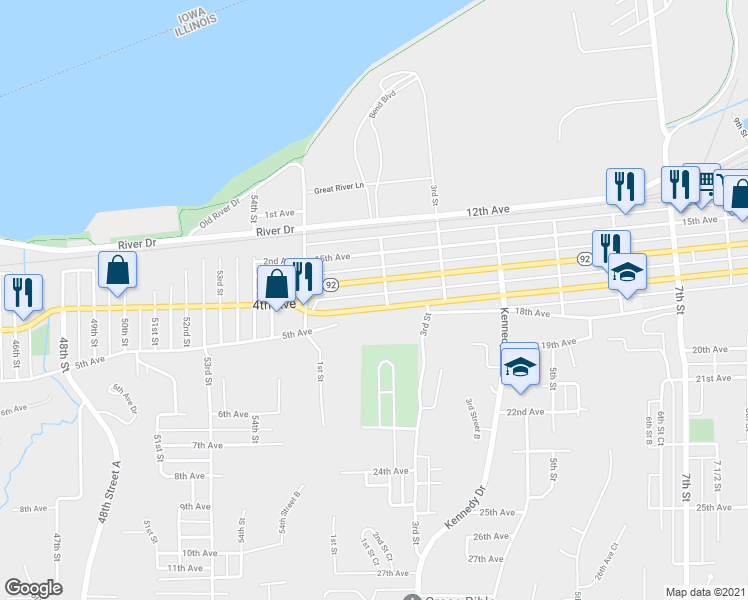 map of restaurants, bars, coffee shops, grocery stores, and more near 179 17th Avenue in East Moline