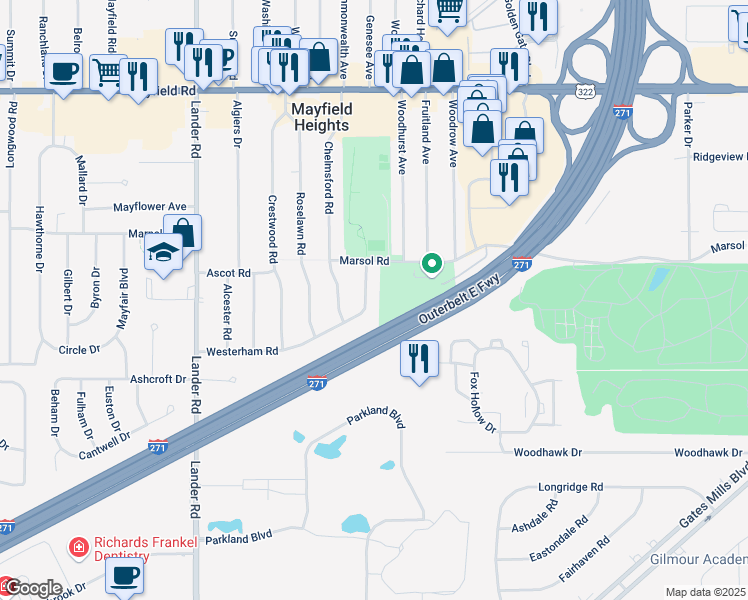 map of restaurants, bars, coffee shops, grocery stores, and more near 1708 Sunningdale Road in Mayfield Heights