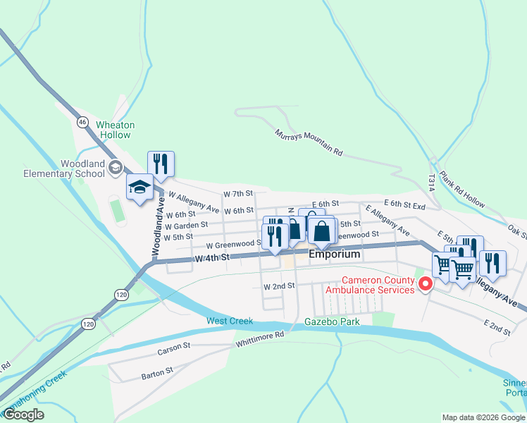 map of restaurants, bars, coffee shops, grocery stores, and more near 600-634 N Maple St in Emporium