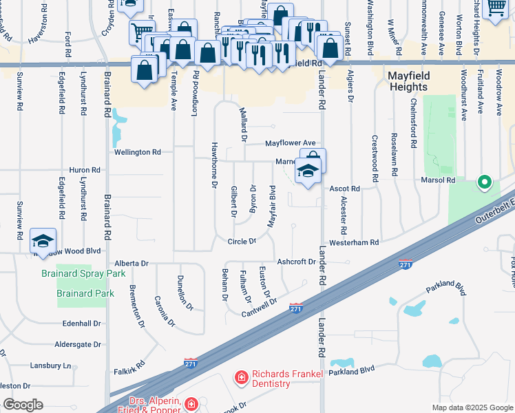 map of restaurants, bars, coffee shops, grocery stores, and more near 1701 Byron Drive in Mayfield Heights