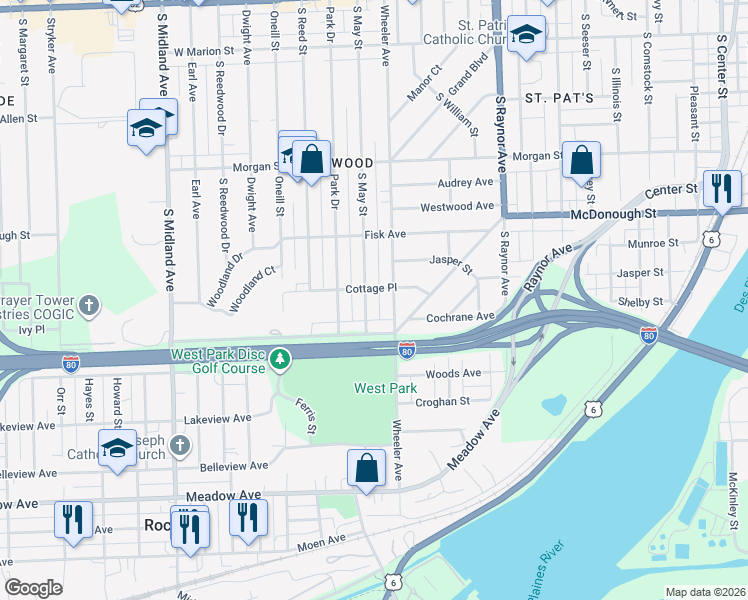 map of restaurants, bars, coffee shops, grocery stores, and more near 421 Wheeler Avenue in Joliet