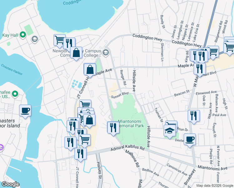map of restaurants, bars, coffee shops, grocery stores, and more near 59 John H Chafee Boulevard in Newport