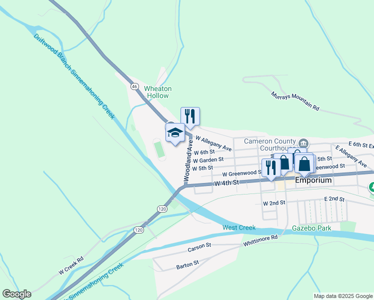 map of restaurants, bars, coffee shops, grocery stores, and more near 601 Woodland Avenue in Emporium