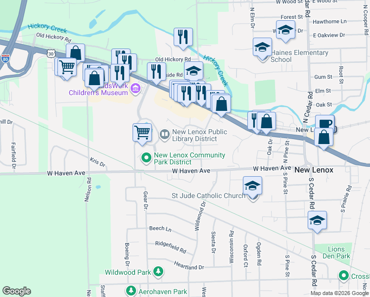 map of restaurants, bars, coffee shops, grocery stores, and more near 600 Crescenzo Court in New Lenox