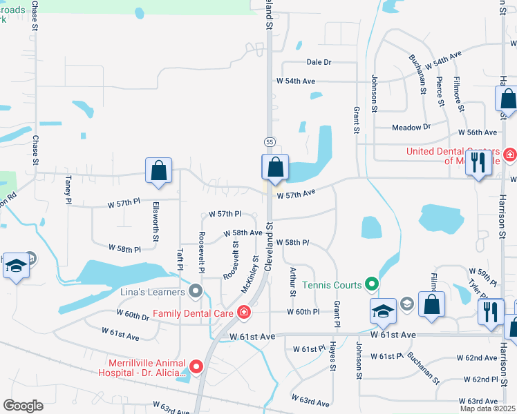map of restaurants, bars, coffee shops, grocery stores, and more near 2035 W 57th Ave in Merrillville