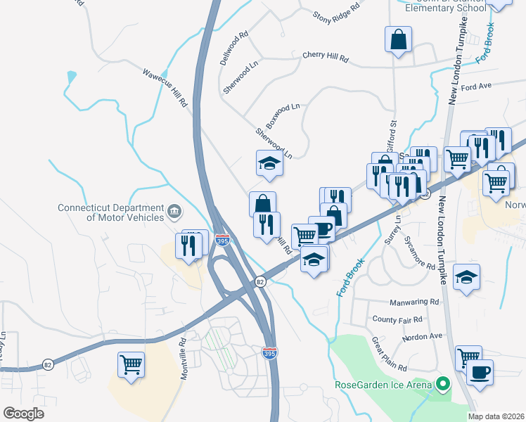 map of restaurants, bars, coffee shops, grocery stores, and more near 31 Wawecus Hill Road in Norwich