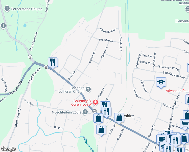 map of restaurants, bars, coffee shops, grocery stores, and more near 140 Carlton Drive in Cheshire