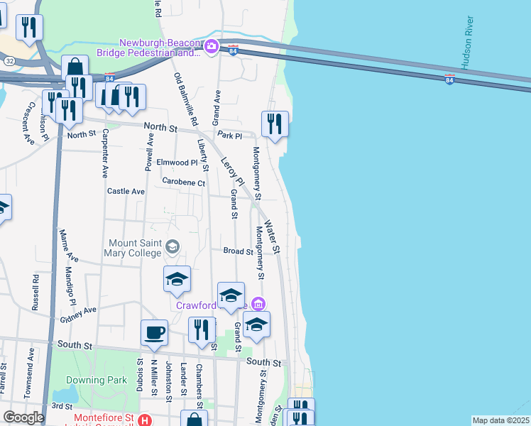 map of restaurants, bars, coffee shops, grocery stores, and more near 18 Nicoll Street in Newburgh
