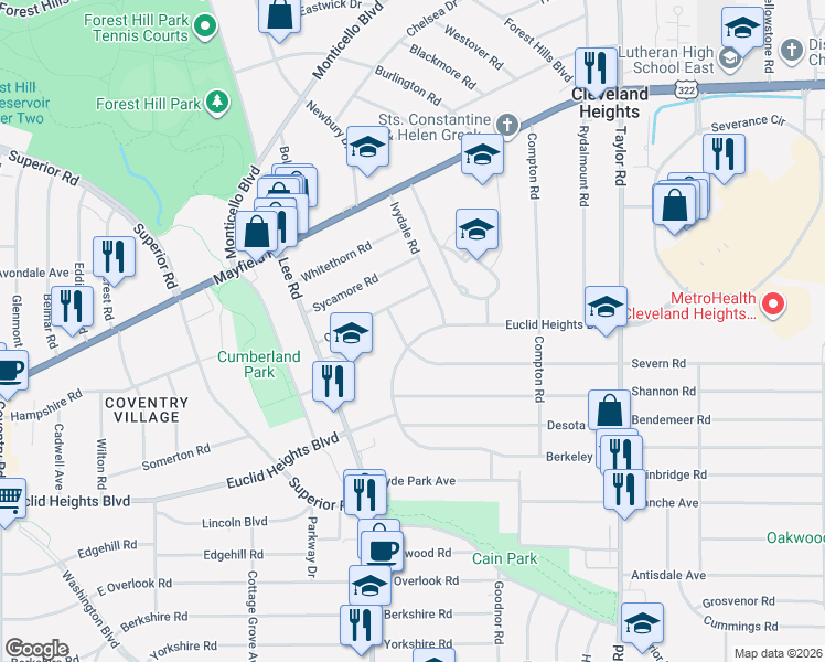 map of restaurants, bars, coffee shops, grocery stores, and more near 3228 Oak Road in Cleveland Heights