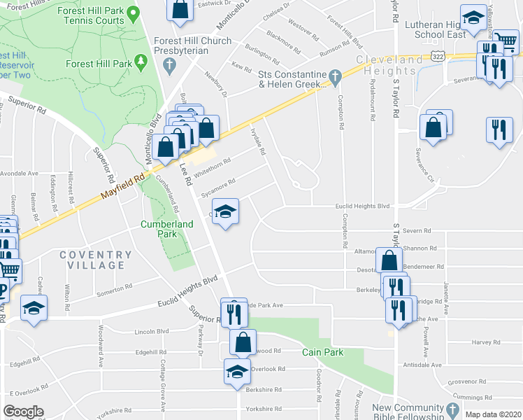 map of restaurants, bars, coffee shops, grocery stores, and more near 3228 Oak Road in Cleveland Heights