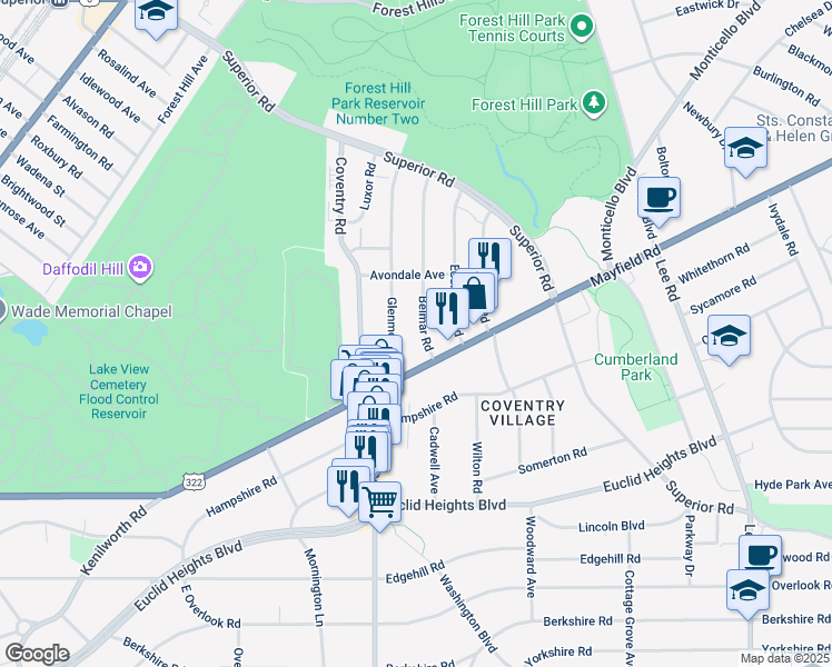 map of restaurants, bars, coffee shops, grocery stores, and more near 1667 Glenmont Road in Cleveland Heights