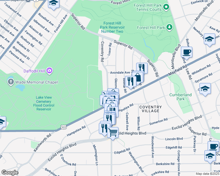 map of restaurants, bars, coffee shops, grocery stores, and more near 1669 Coventry Road in Cleveland Heights