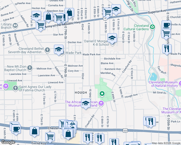 map of restaurants, bars, coffee shops, grocery stores, and more near 1565 East 85th Street in Cleveland
