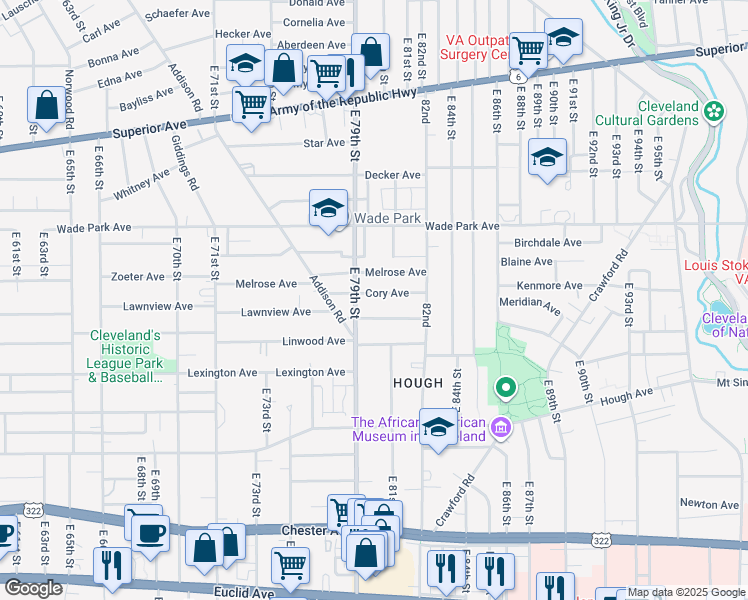 map of restaurants, bars, coffee shops, grocery stores, and more near 8002 Melrose Avenue in Cleveland