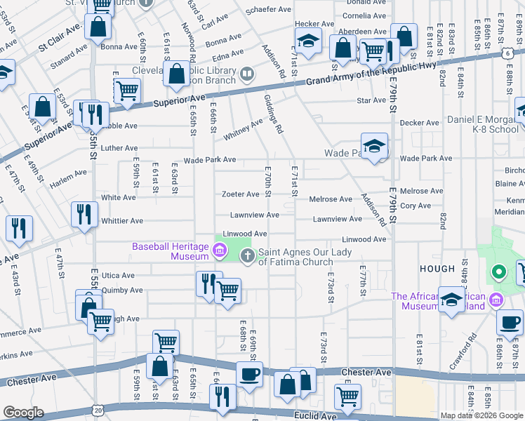 map of restaurants, bars, coffee shops, grocery stores, and more near 6902 Zoeter Avenue in Cleveland