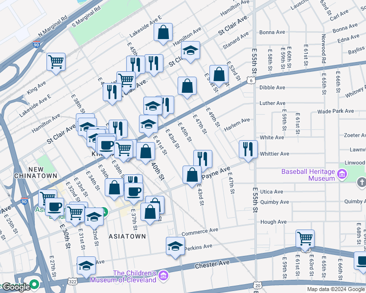 map of restaurants, bars, coffee shops, grocery stores, and more near 1542 East 45th Street in Cleveland