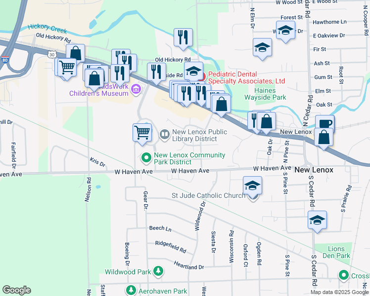 map of restaurants, bars, coffee shops, grocery stores, and more near 209 Sheridan Court in New Lenox
