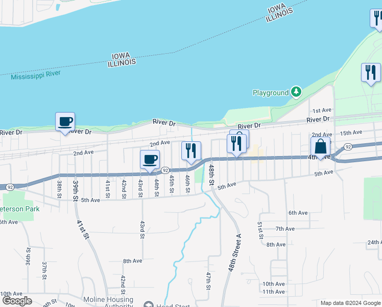map of restaurants, bars, coffee shops, grocery stores, and more near 201 48th Street in Moline