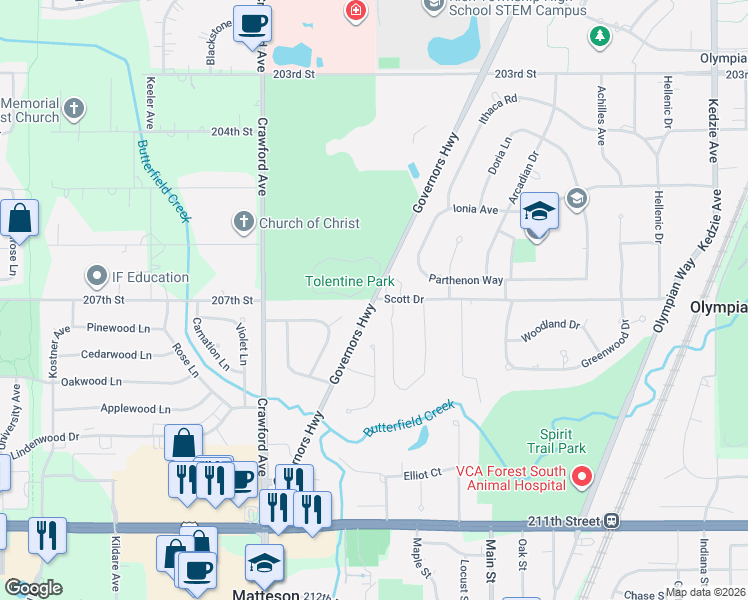 map of restaurants, bars, coffee shops, grocery stores, and more near Governors Highway in Olympia Fields