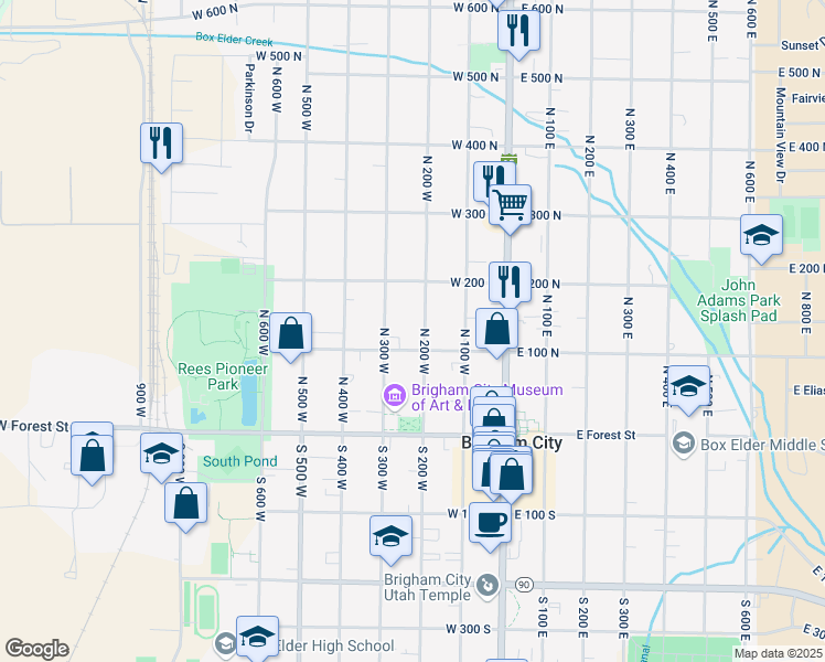 map of restaurants, bars, coffee shops, grocery stores, and more near 144 North 300 West in Brigham City
