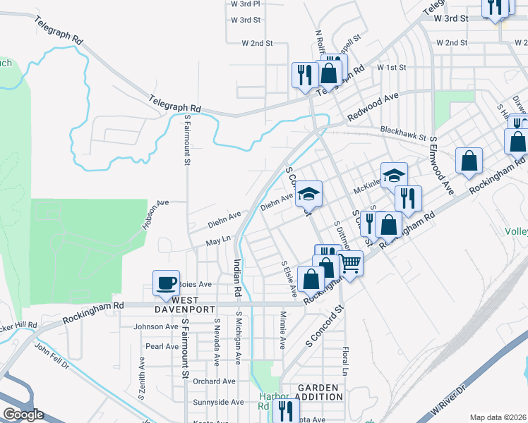 map of restaurants, bars, coffee shops, grocery stores, and more near 3160 Diehn Avenue in Davenport