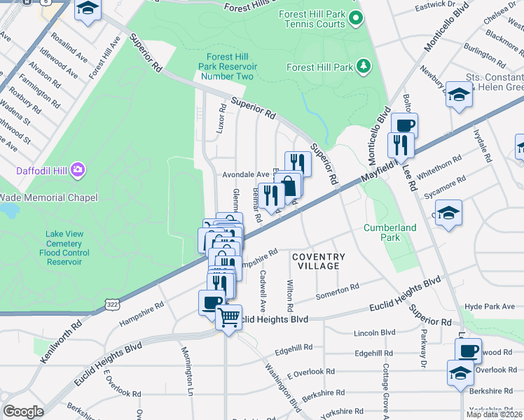 map of restaurants, bars, coffee shops, grocery stores, and more near 1668 Eddington Road in Cleveland Heights