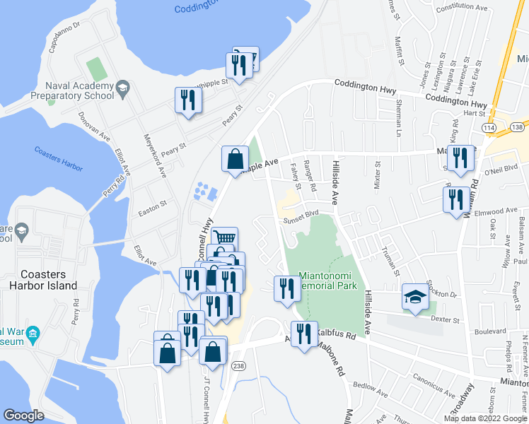 map of restaurants, bars, coffee shops, grocery stores, and more near 106 Girard Avenue in Newport