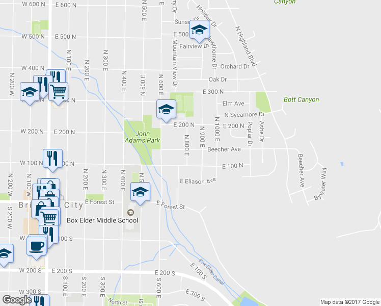 map of restaurants, bars, coffee shops, grocery stores, and more near 130 North 800 East in Brigham City