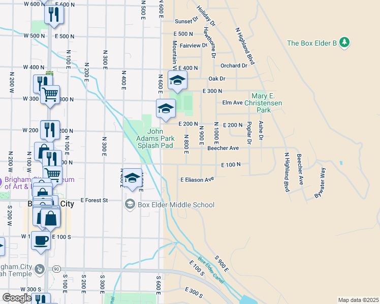 map of restaurants, bars, coffee shops, grocery stores, and more near 130 North 800 East in Brigham City