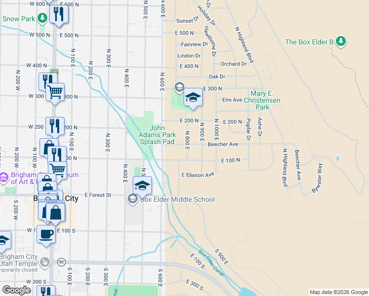 map of restaurants, bars, coffee shops, grocery stores, and more near 629 Beecher Avenue in Brigham City