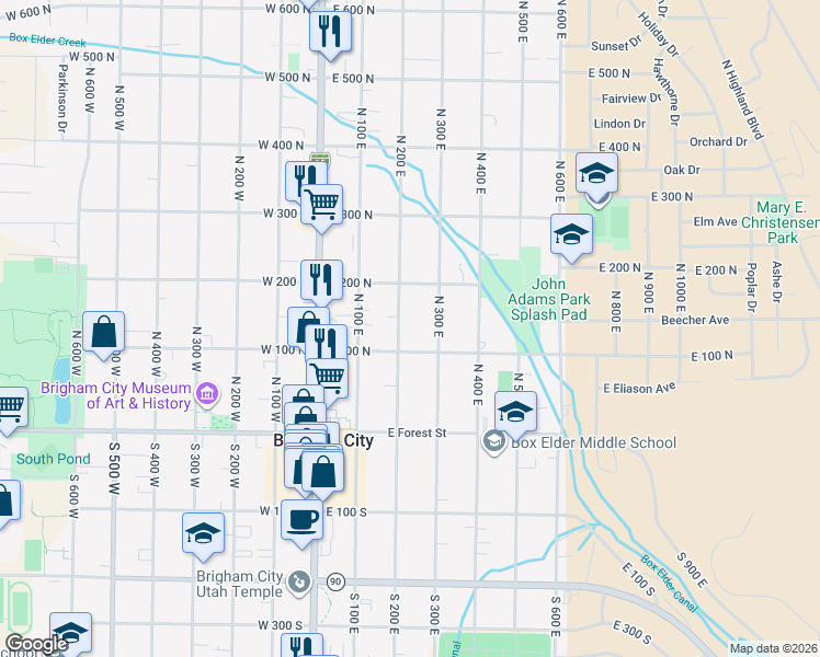map of restaurants, bars, coffee shops, grocery stores, and more near 146 North 200 East in Brigham City