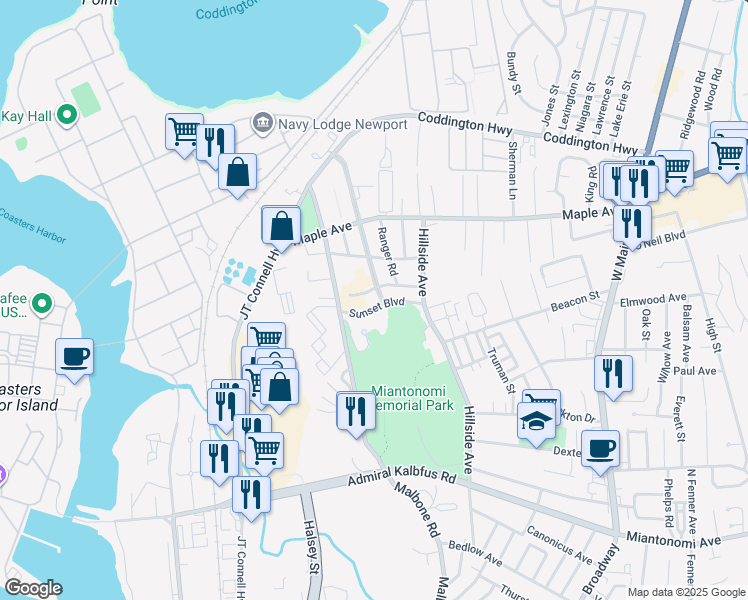 map of restaurants, bars, coffee shops, grocery stores, and more near 83 Shimoda Way in Newport