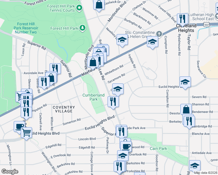 map of restaurants, bars, coffee shops, grocery stores, and more near 3146 Sycamore Road in Cleveland Heights
